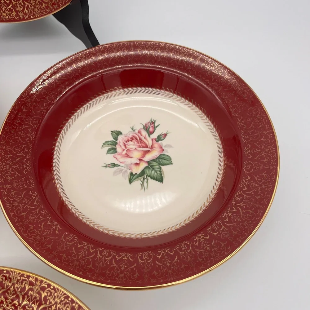 Homer Laughlin Lady Stratford Soup Bowl Set 4 Maroon Red Gold Rose Vintage